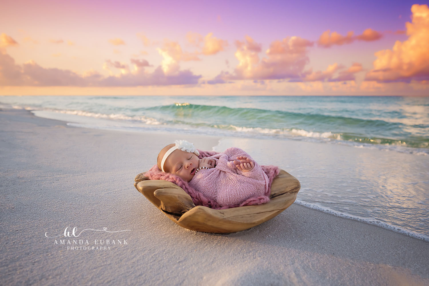 Seaside Florida Newborn Photographer | Beach Newborn Portrait Seaside Florida newborn photographer captures sleeping baby in wooden bowl on the beach at a glowing sunset
