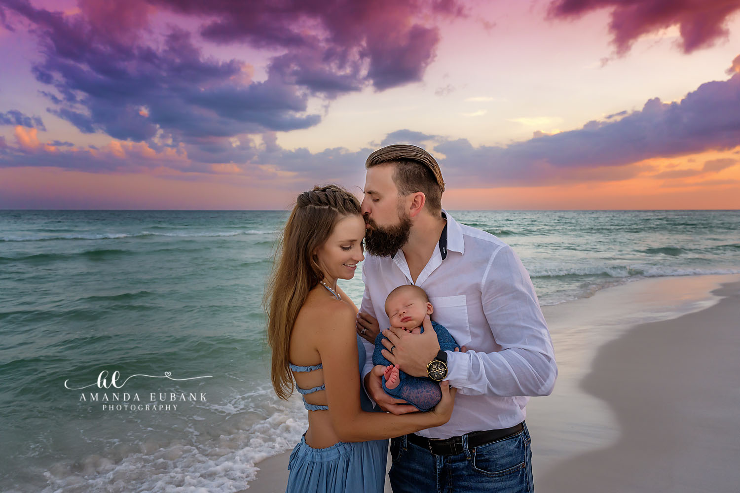 Newborn Photographer in Seaside FL | Coastal Newborn Session Seaside newborn photographer creates a dreamy coastal portrait of a newborn in a wooden bowl by the water
